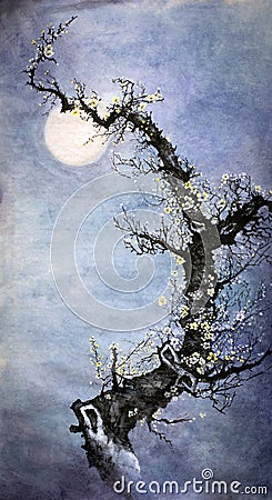 Flowering plum and moon Stock Photo