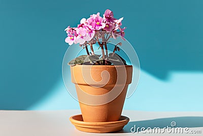Flowering Saintpaulia mini/African violet in terracotta clay plant pot on a table lit by sunlight on blue background Stock Photo