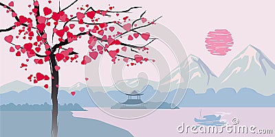 Flowering tree with hearts on the background of the Chinese seascape landscape Vector Illustration