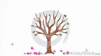 On a flowering tree molded of plasticine, pink flowers fly around. White background Stock Photo
