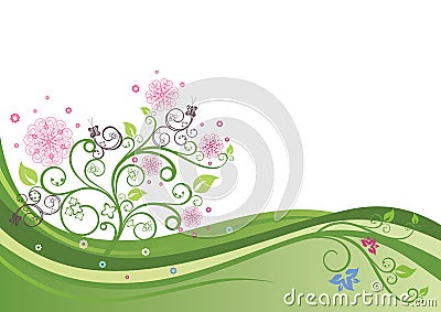 Flowering tree in a spring field Cartoon Illustration