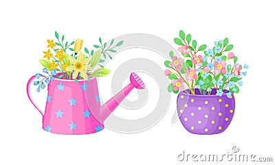 Flowerpot with Flowering Meadow Plant and Blooming Flora Bouquet Vector Set Vector Illustration