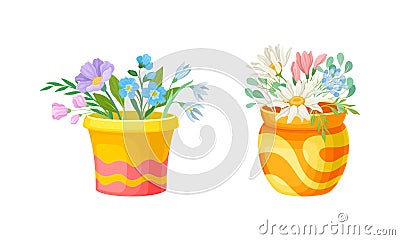 Flowerpot with Flowering Meadow Plant and Blooming Flora Bouquet Vector Set Vector Illustration