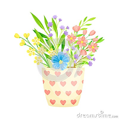 Flowerpot with Flowering Meadow Plants Blooming as Spring Vector Composition Vector Illustration