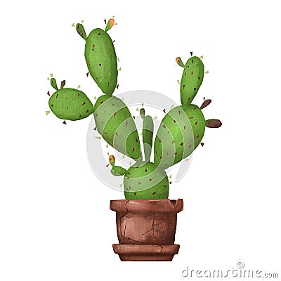 Flowerpot with green ripe cactus with prickly and thorns painted in digital. Cartoon Illustration