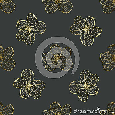 Delicate gold Apple flowers on a dark grey background. Vector Illustration