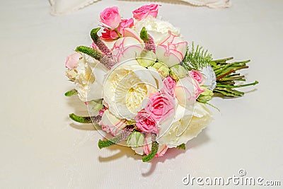 Bouquet of roses and peonies, pink and white. Rosa Ã— damascena,Rosa Desdemona,Paeoniaceae. Rose Juliet. Stock Photo