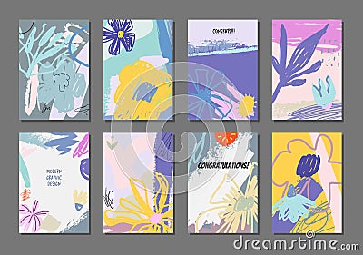Set of beautiful modern creative abstract cards with floral elements. Vector illustration. Trendy abstract design background. Cartoon Illustration