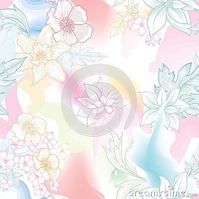 Flowers and abstract wavy blurred lines. Beautiful floral seamless watercolored texture. Endless pattern in bright spring style. Vector Illustration