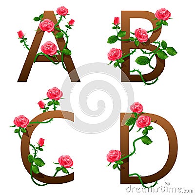 Flowers alphabet with red roses Vector Illustration