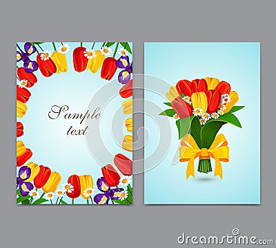 Flowers background, bouquet tulips. Vector template design of flyer, brochure Vector Illustration