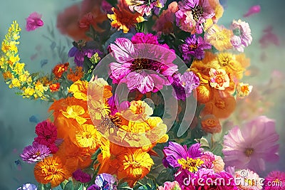 Flowers background with multicolored bouquet of summer flowers with vivid intense colors. Generative Ai Cartoon Illustration