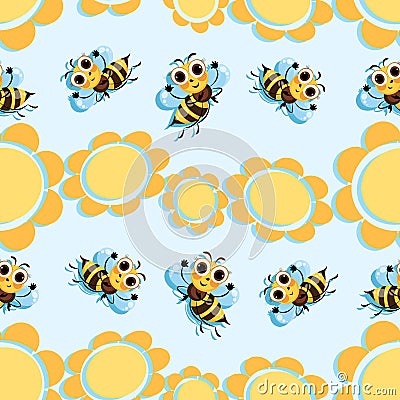 Flowers. Bee meadow. Swarm bees fly among the flowers. Background, seamless pattern with cute cartoon characters. Vector Illustration