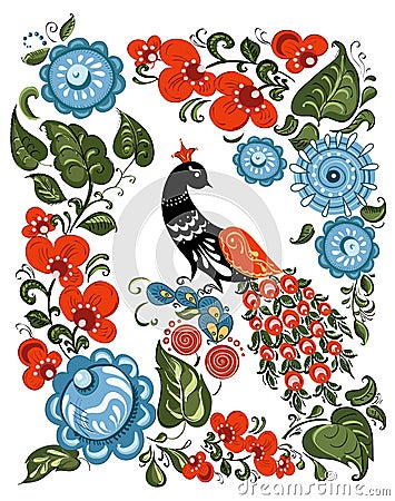 Flowers and bird in Russian traditional gorodetsky Stock Photo