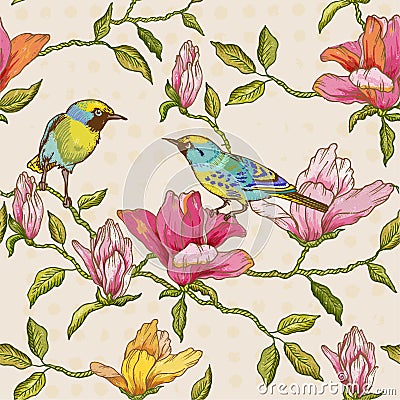 Flowers and Birds Background Vector Illustration