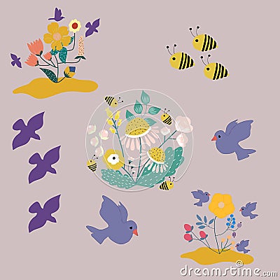 Flowers, birds and bees, vector set illustration Cartoon Illustration