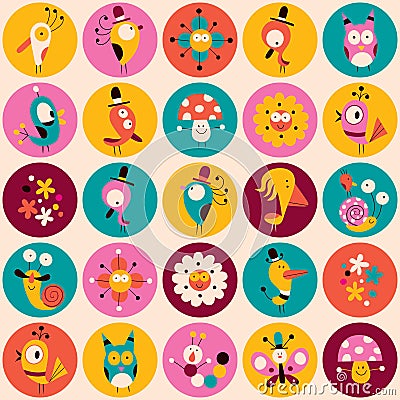 Flowers, birds, mushrooms & snails characters circles pattern Vector Illustration