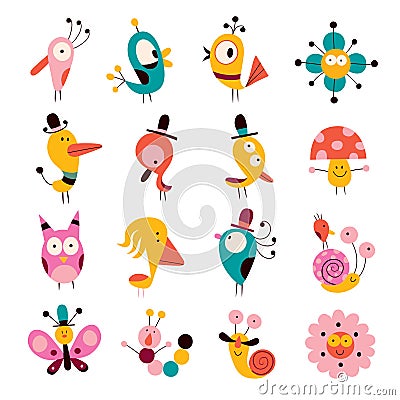 Flowers, birds, mushrooms & snails characters set Vector Illustration