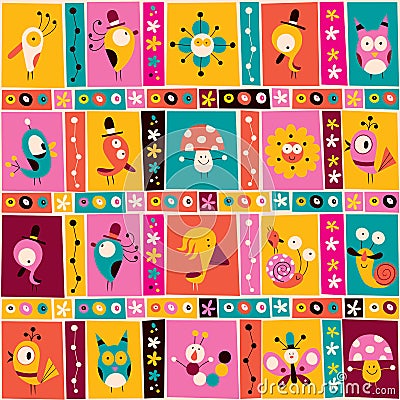 Flowers, birds, mushrooms & snails cute characters nature pattern Vector Illustration