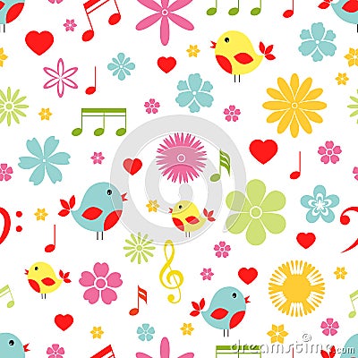 Flowers birds and music notes seamless pattern Vector Illustration