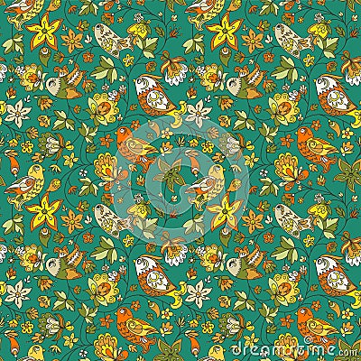 Flowers and birds seamless texture pattern Vector Illustration