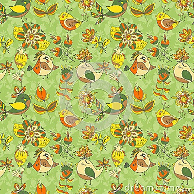 Flowers and birds seamless texture pattern Vector Illustration