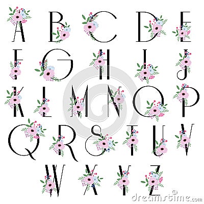 Flowers bloom alphabet - font for wedding logo design Vector Illustration