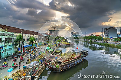 Flowers boat at flower market along canal wharf Editorial Stock Photo