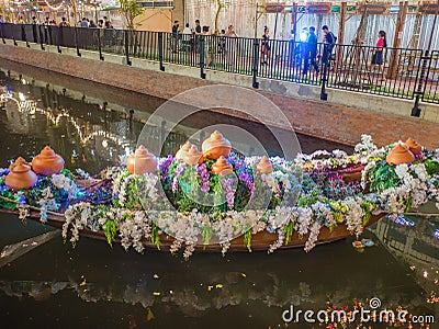 Flowers Boat in Loi krathong Festival on Khlong Ong Ang Canal at bangkok city thailand. Editorial Stock Photo