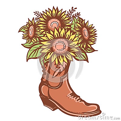 Flowers in boot. Cowboy boot with sunflowers. Vector color printable illustration isolated on white background. Hand drawn vector Vector Illustration