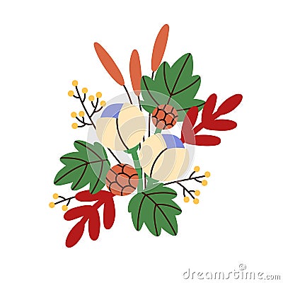 Flowers bouquet with cut blooms and leaves. Spring floral gift with blossomed plants. Gorgeous romantic bunch. Colored Vector Illustration