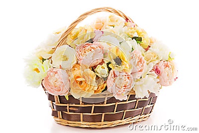 Flowers bouquet peony in basket, isolated white backgound Stock Photo