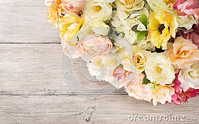 Flowers bouquet of peony, summer arrangement, wooden background Stock Photo