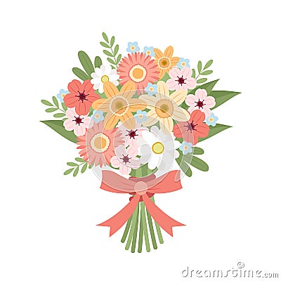 Flowers bouquet vector with daisy, narcissus, cherry blossom, forget-me-nots with ribbon Cute vector illustration in Vector Illustration