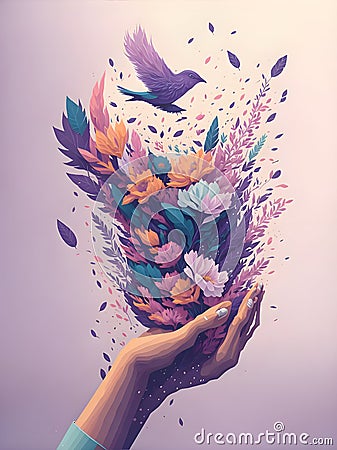 Flowers in bouquets and bunches held by hands over a purple background. Generative AI Illustration. Stock Photo