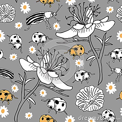 Flowers and Bugs-Garden Life seamless repeat pattern Vector Illustration