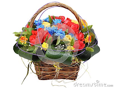 Flowers bunch wicker basket, with red roses and blue chrysanthe Stock Photo