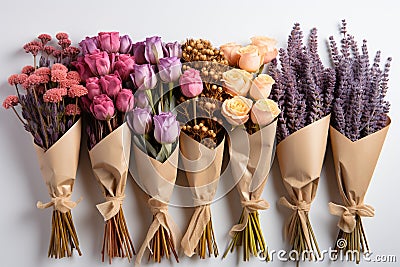 Flowers in bunches herbs dried flowers in kraft paper Stock Photo