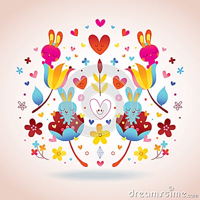 Flowers, bunnies, hearts love illustration Vector Illustration