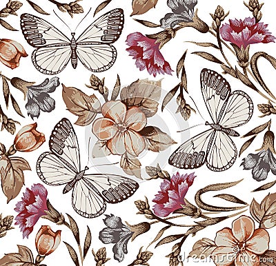 Flowers. Butterflies. Beautiful background. Vector Illustration