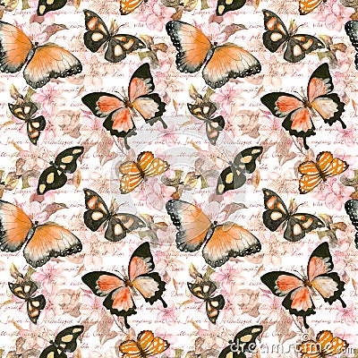 Flowers, butterflies, hand written text letter. Watercolor. Seamless pattern Stock Photo