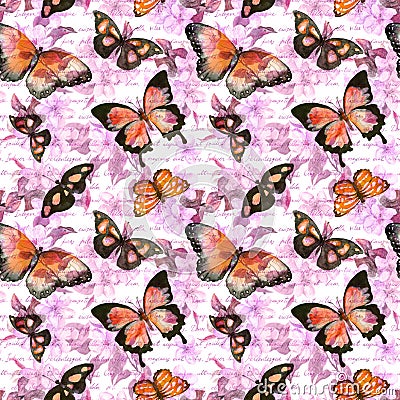 Flowers, butterflies, hand written text note. Watercolor. Seamless pattern Stock Photo