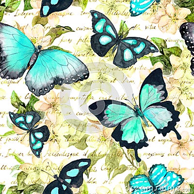 Flowers, butterflies, hand written text note. Watercolor. Seamless pattern Stock Photo