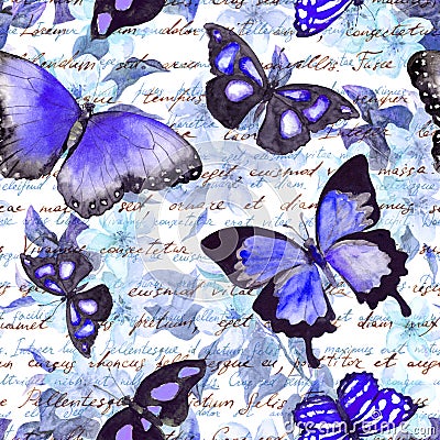 Flowers, butterflies, hand written text note. Watercolor. Seamless pattern Stock Photo