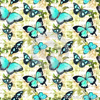 Flowers, butterflies, hand written text note. Watercolor. Seamless pattern Stock Photo