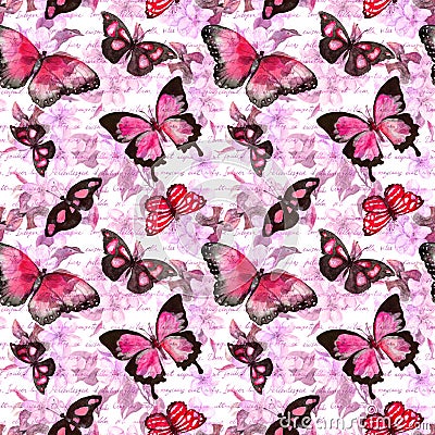 Flowers, butterflies, handwritten text letters. Watercolor. Seamless pattern Stock Photo