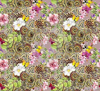 Flowers, butterflies, lush golden indian ornament. Watercolor seamless pattern Stock Photo