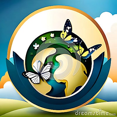 Flowers and butterflies in a paper cutout style to promote Earth Day and World Environment. Generative Ai Stock Photo
