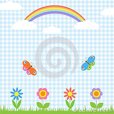 Flowers,butterflies and rainbow Vector Illustration