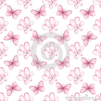 Flowers and butterflies seamless raster pattern Stock Photo